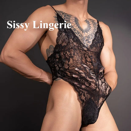 Sissy Lingerie Floral Lace Bodysuit Men's Sexy See Through Unitard Leotard Male Sleeveless Tshirt Undershirt Gay Club Nightwear