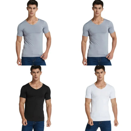 4Pcs Summer Ice Silk Men T-Shirt Vest Men's No Trace Sports Short Sleeve T-shirt Solid V-neck Tees Quick Dry Shirt Tops Fitness