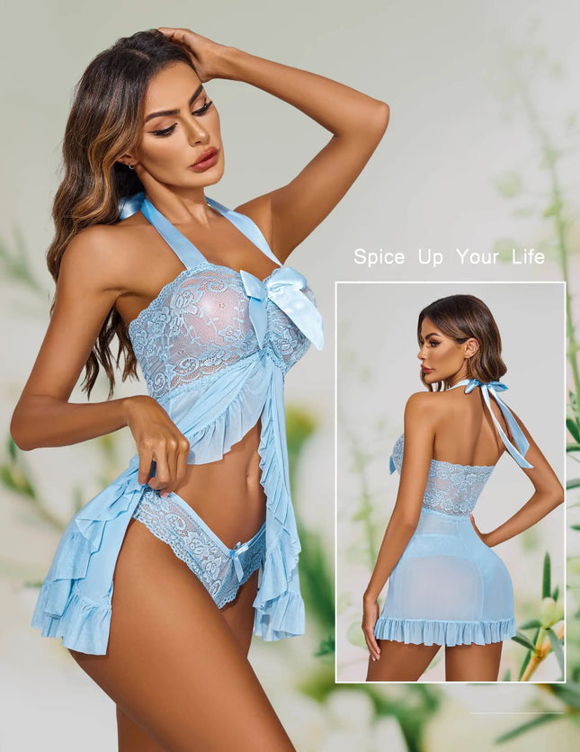 Women's Sheer Lace Lingerie Set, Transparent Lace Undergarment Set, Bra and Brief Set, Sexy Sleep Dress