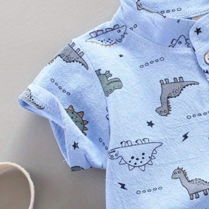 Infant and toddler summer full print small dinosaur pattern short sleeved shorts set, outdoor standing collar shirt, fashionable