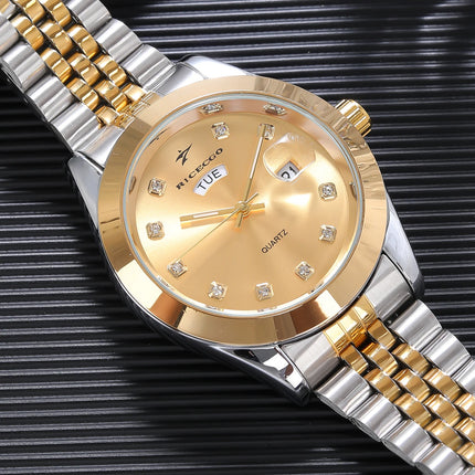 Men's quartz wristwatch with color blocked metal strap, diamond inlaid dial, dual calendar display design, light luxury texture,
