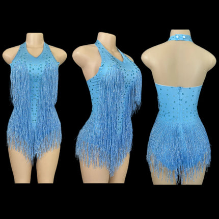 Sparkly Rhinestones Fringe Bodysuit WomenVightclub Party Dance Costume Stage Wear SexyTassel Leotard Performance Clothing G7