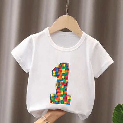 Summer Cotton Children's T-Shirt Building Blocks Bricks Print Number Cartoon Kid 2-9Y Birthday Funny Baby Tee Top Boy Girl Clothes