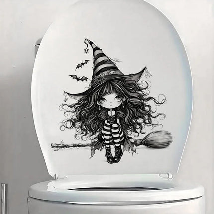 Whimsical Black Witch Self-Adhesive Wall Decal - Removable, Reusable PVC Sticker for Bathroom, Kitchen & Living Room Decor