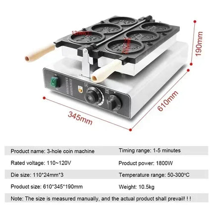HomeWise Electric Waffle Maker Gold Coin Waffle Maker Gold Coin Pattern Waffle Maker Gold Coin Mold Snack Machine 110V 220V