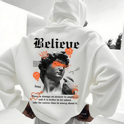 Unisex Street Pullover Hoodie Front Back Dual Print David Statue Graffiti Smiley Text Graphic 2026 Spring Clean Fit Y2K Viral