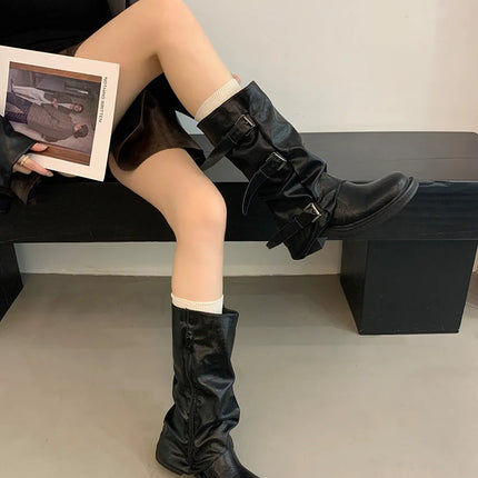 Autumn Winter Vintage Woman Knight Knee High Boots Shoes Ladies Elegant Thick Low Heel Belt Buckle Western Cowboy Botas