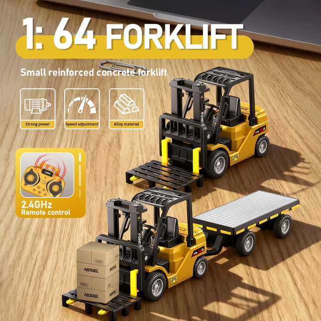 1:64 Bluetooth Remote Control Crane And Forklift 2-in-1 Desktop Mini Alloy Toy Car With Trailer Christmas Gift In Color Box