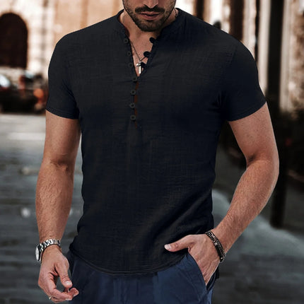Summer new style men's solid-color retro casual short-sleeved shirt, comfortable and breathable men's short-sleeved top