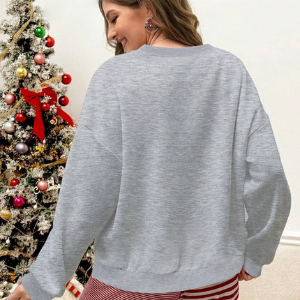 Grey Monster Print Fleece Lined Hoodie Casual For Autumn Long Sleeve Crew Neck Sweatshirts Women clothing Relaxed Drop Shoulder