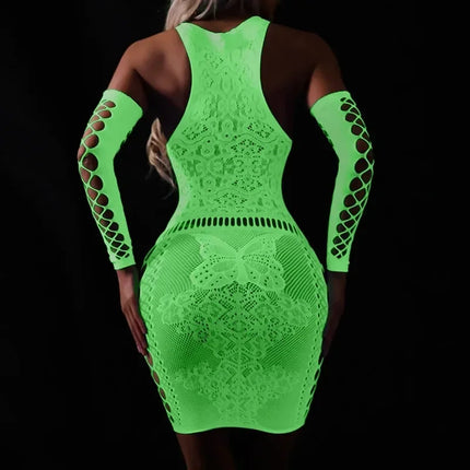 Fishing Net Transparent Women's Sexy Two Piece Set Fluorescent Open Crotch Bodystockings Dance Party Club Luminous Sex Clothes