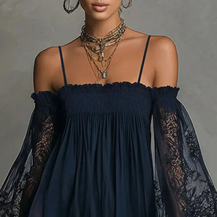 Boho Spring Off Shoulder Hollow Lace Dress Woman Elegant Puff Sleeve Ruffle Party Dresses Summer A-line Casual Holiday Mini Robe