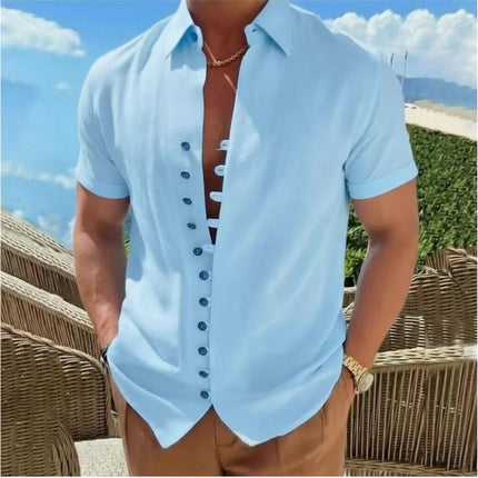 High quality comfortable linen men's short sleeved shirt, fashionable trend, street outdoor, lightweight and casual