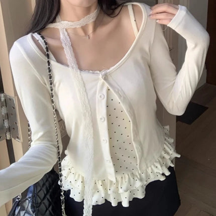 Japanese Y2k Knitted Tops Two Piece Set Vintage Harajuku Button Knit T-shirt Sets Korean 2000s Style Knitwear American