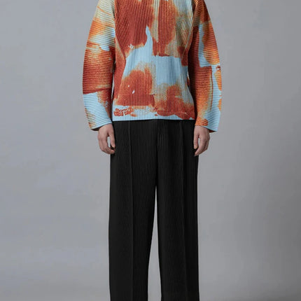 New Miyake Pleated Man Wide Leg Pants Baggy Casual High Street Long Pants
