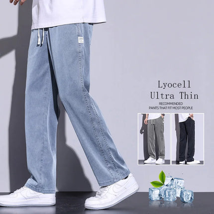 Men's Summer New Ultra Thin Baggy Lyocell Soft Breathable Straight Trousers Elastic Waist Casual Trousers Plus Size M-5XL