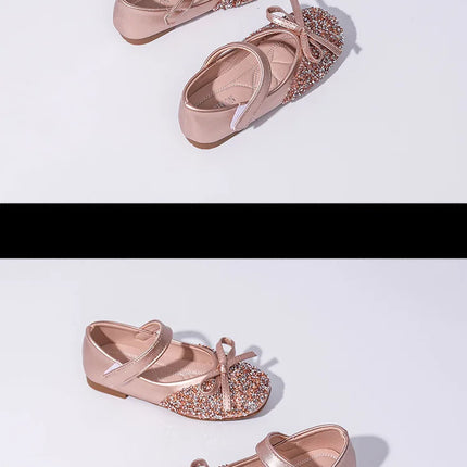 Kids Leather Shoe Spring Autumn Elegant Girls Party Shoes Fashion Sequins Bowtie Children Princess Shoes for Wedding Shallow