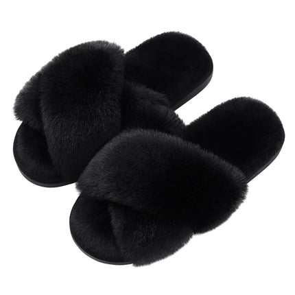 Evshine Women Fuzzy Slippers Fashion Cross Band Memory Foam House Slippers Indoor Outdoor Open Toe Plush Slides Casual Flat Shoe