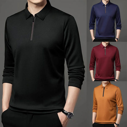 Spring and Autumn Men's Collared Polo Shirt Casual Long-Sleeved Men's Solid Color Top Fashionable Streetwear Zipper Collar Men's
