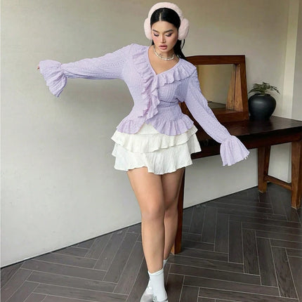 plus Size Women's Pink V-Neck Blouse Elegant French Ruffle Flared Sleeve Sweetheart Bubble Sleeve Casual Chic Top for plus Size