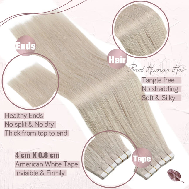 Ugeat Tape-in Hair Extensions, Human Hair, Real Natural Brazilian Remy Hair, Straight Seamless Skin Weft, For Women, Balayage, 20P/40P
