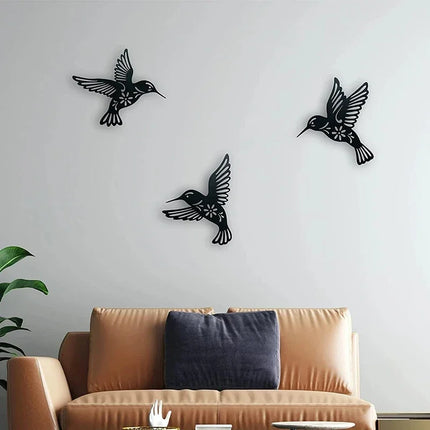 3Pcs/Set Black Metal Hummingbird Wall Decor Hollow Out Iron Art Bird Sculpture Ornament Waterproof Hanging Figurines