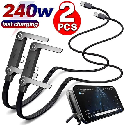 2 in 1 Cable PD240W Type C To Type C Fast Charging Foldable Bracket Cable Built-in Desktop Holder Wire For iPhone Samsung Xiaomi