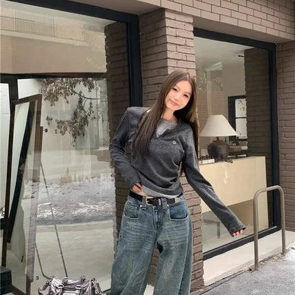 2024 Autumn Winter Long Sleeves Korean Fashion Style O-neck T-shirt for Women Fake Two-Piece T-shirts Ladies Top Tee Clothes
