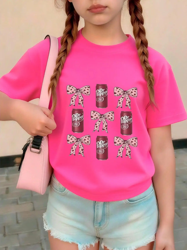Girls Aged 4-12 Outdoor Casual Round Neck Short-Sleeve Soda Can + Leopard Print Bow Comfortable Versatile Regular Fit Top 2026 New Style T-Shirt Clothing