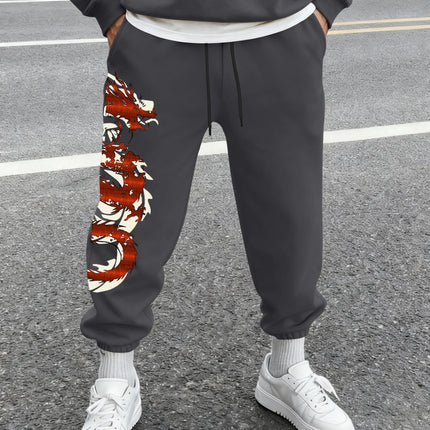 Men's Streetwear Vintage Red Oriental Dragon Print Sweatpants Elastic Waist Soft Fabric Chinese Hip Hop Daily Joggers