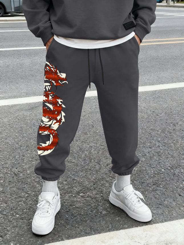 Men's Streetwear Vintage Red Oriental Dragon Print Sweatpants Elastic Waist Soft Fabric Chinese Hip Hop Daily Joggers