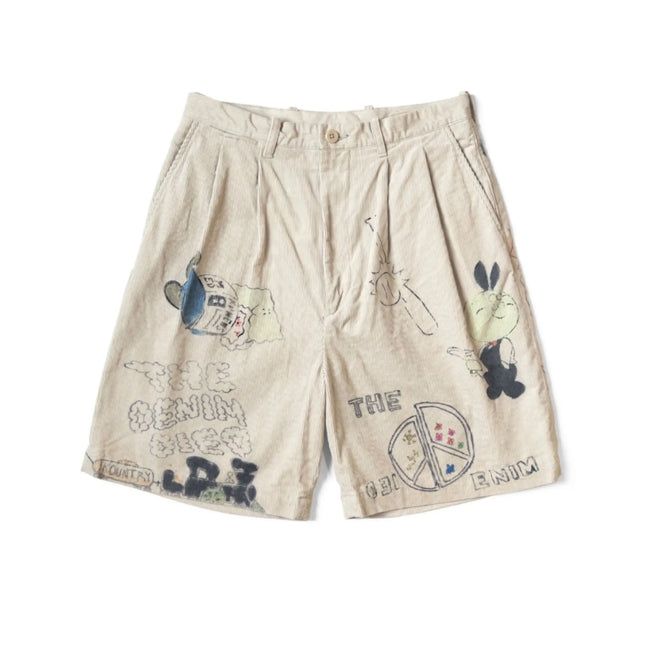 Men Vintage Cartoon Print Corduroy Shorts Japanese Retro Washed Pleated Loose Casual Streetwear Mid Length Pants