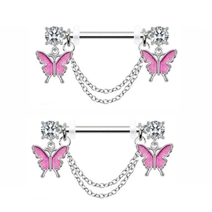 1Pair Pink Butterfly Nipple Piercing Jewelry Shiny Crystal Nipple Rings For Women Girls Heart Nipple Barbells Piercing Pezon