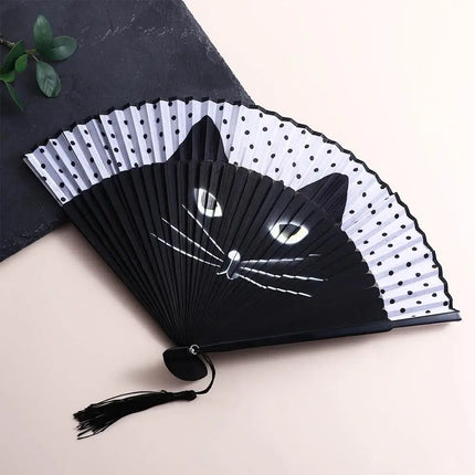 1 pcs Exiquisite Cat Patterns Summer Gift Cartoon Bamboo Wooden Folding Fan Fan Crafts Silk Fan Home Decoration