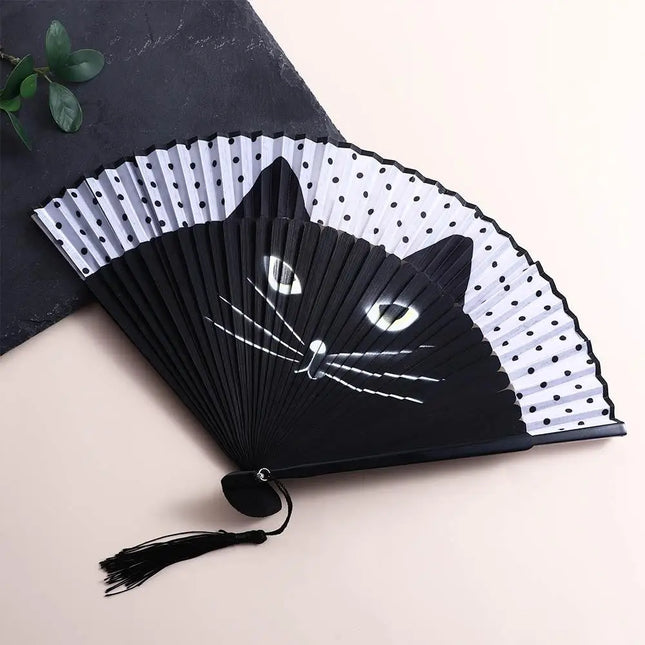 1 pcs Exiquisite Cat Patterns Summer Gift Cartoon Bamboo Wooden Folding Fan Fan Crafts Silk Fan Home Decoration