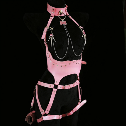 Pink PU Leather Body Harness Set with Choker and Handcuffs Sensory Play Bondage Lingerie for Couples Set for Sensual Role Play