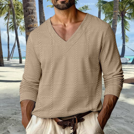 Men's V-neck casual sporty drop shoulder sleeve T-shirt, comfortable and stylish long sleeve T-shirt for everyday wear and vacat