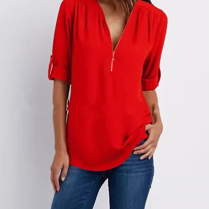 2025 Hot Sale Women Cool Loose Shirt Deep V Neck Chiffon Fashion Blouse Casual Ladies Tops Sexy Zipper Pullover Plus Size