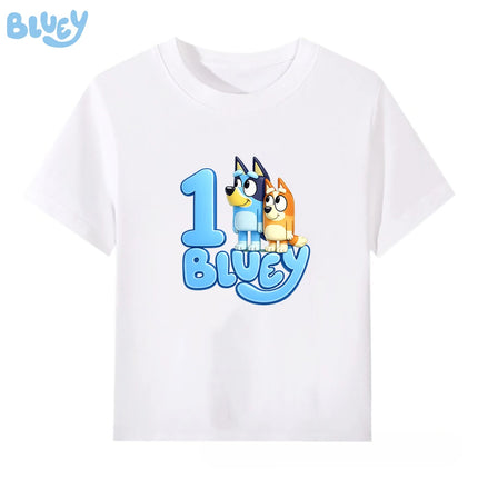 Bluey White Kids Birthday Party T Shirt Number Print 100% Cotton Short Sleeve Tee Boys Girls Age 1-9