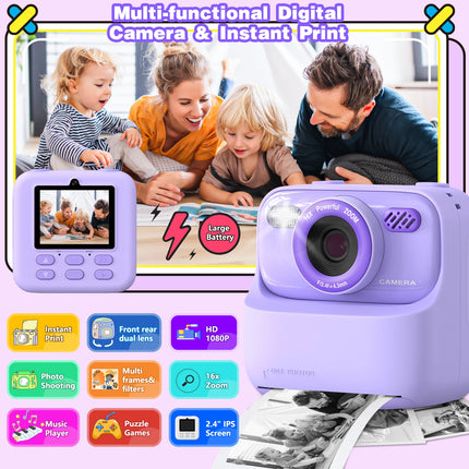 Kids Instant Print Camera 1080P HD Dual Lens Selfie Camera with Flash 3 Rolls Paper 2.0" Screen Games Digital Camera for Boys