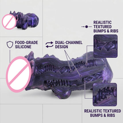 SHAZ Fantasy Purple Dragon with Breast Shaped Masturbator, Body-Safe Platinum Silicone Dual Channel Stroker, Male Pleasure Toy