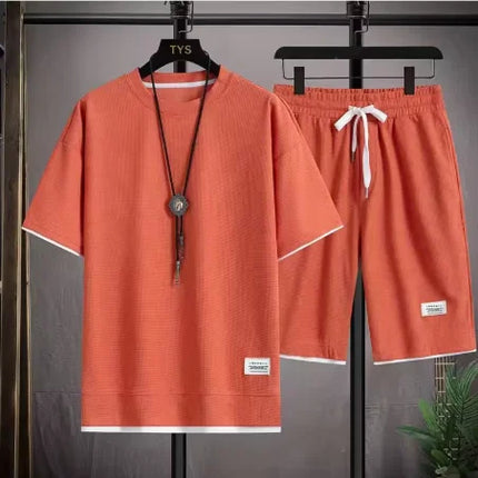 2026 new Summer Men's Waffle Sets Casual T-Shirt And Shorts Set Male Sports Suit Solid Color Tracksuit Loose Suits