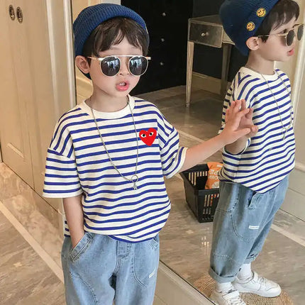 Summer Children's Cotton T-Shirt, Striped Round Neck, Short Sleeve, Kids' Top, Trendy Little Girl, Casual Cartoon Print, Sweat-Absorbing...