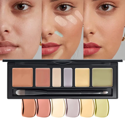 6-color concealer palette with brush,long-lasting concealer, waterproof full coverage concealers,Corrects Dark Circles,Red Marks