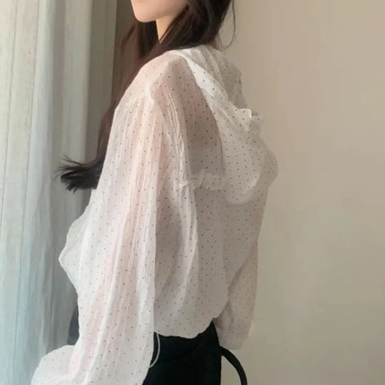 Summer Polka Dot Sun Protection Jacket Loose Fit Thin Hooded Jacket Long Bubble Sleeve Breathable Quick Dry Jacket