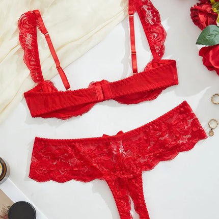 Valentine's Day French sweet two-piece set, red sexy women's half-exposed breast design open crotch panties, floral lace embroid