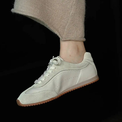 Ins Fashion Suede Leather Women Sneakers Lace Up Flat Shoes Genuine Leather  Ladies Flats Casual Shoes