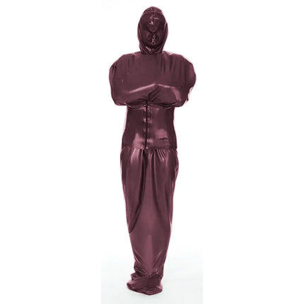 Exotic Wetlook PVC Leather Full Catsuit with Wide Belt Unisex Bondage-Sack Hooded Bodysuit Fetish Sexy Body Bag Sleepsack Custom