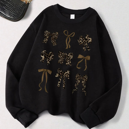 Retro Leopard Print Bow Printed Women Hoodies All-Match Fleece Casual Clothes Street Pullover Winter Autumn Woman Clothing
