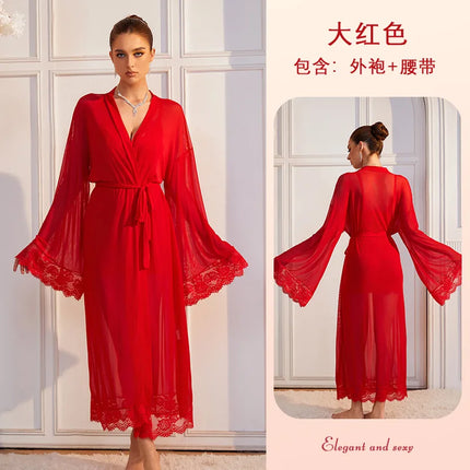 Sexy See-through Mesh Nightgown For Home Leisure Lace-up Cardigan Thin Bathrobe For Women Solid Color Dress Elegant M9ET